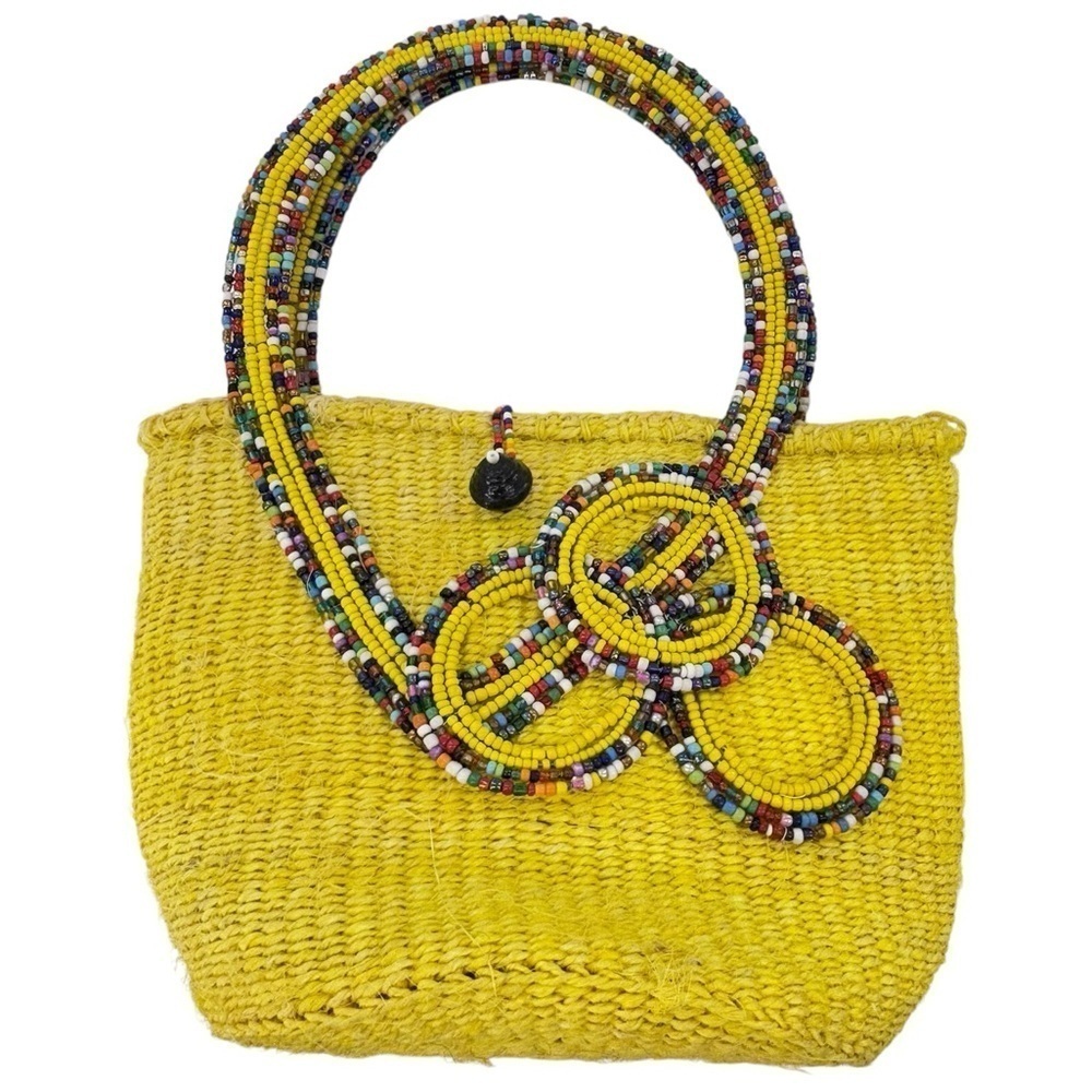 Handmade Maasai Tribal Multi Beadwork Yellow Handwoven Bucket Bag Made in Kenya